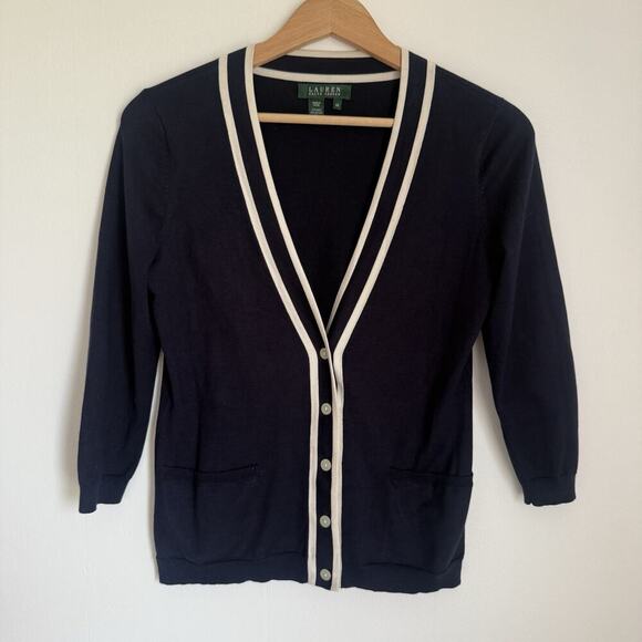Lauren Ralph Lauren Silk Navy Cardigan XS Quiet Luxury Preppy Dark Academia - Picture 1 of 10